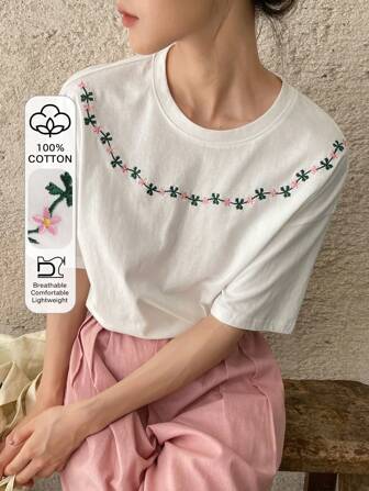 FRIFUL Floral Embroidery Drop Shoulder Tee