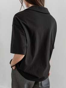 Dazy-Less Women's Casual Business Partial Button-Front Polo Collar Loose Short Sleeve T-Shirt Old Money Style,Business Casual Women,Teacher Outfits - Black - View 5