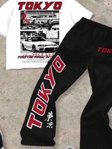 SHEIN TOKYO, Conjunto casual de 2 piezas de camiseta y pantalón campana para niños preadolescentes, apto para el verano