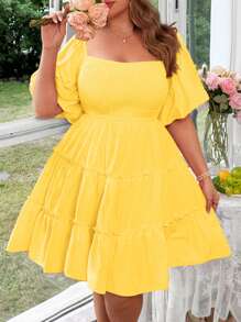 Flirla Plus Size Square Neck Ruffle Lantern Sleeve Mini A-Line Dress With Ruffled Hem, Cute Vintage Elegant Orange Bright Color Dress For Women - Yellow - View 1