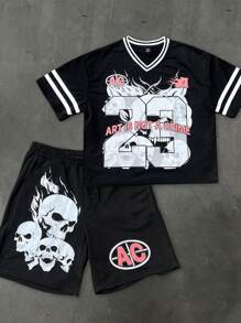 Manfinity EMRG Men's Casual Skull Printed T-Shirt & Shorts 2 Pieces Set, Summer - Black - View 3
