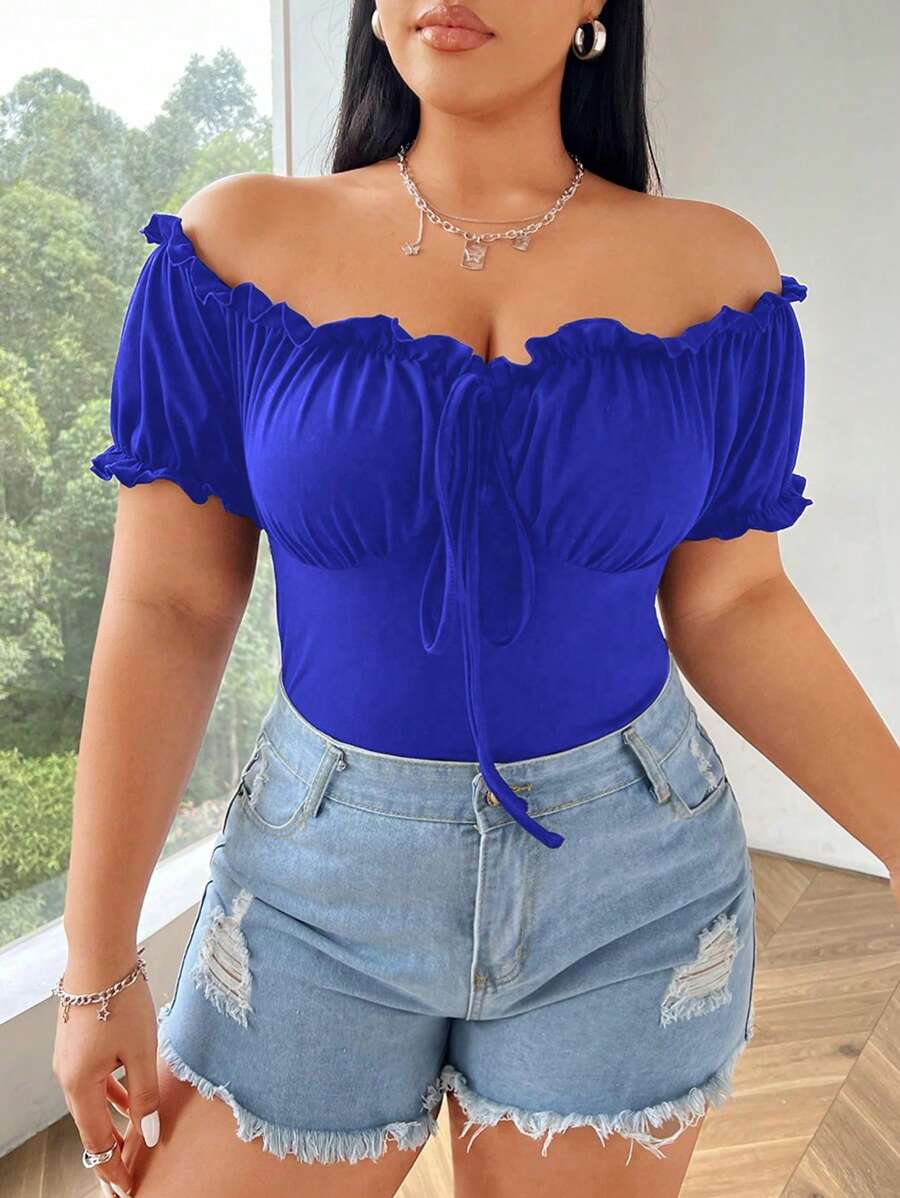 Flirla Plus Size Off-Shoulder Short Sleeve T-Shirt, Solid Color, Fashion, Suitable For Summer - Royal Blue - View 1