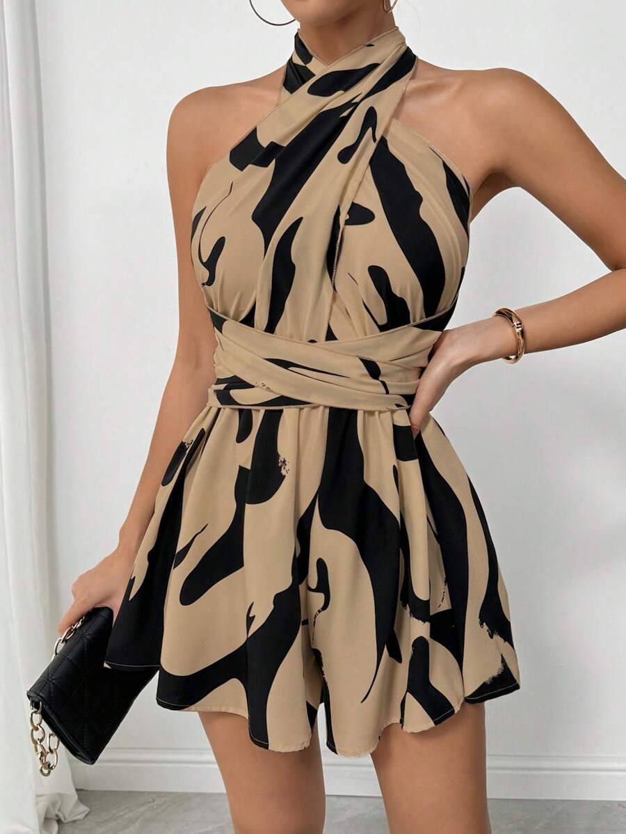 Chiquease 1pc Women's Line Print Cross-Wrap Playsuit Romper, Vacation Wear - Coffee Brown - View 1