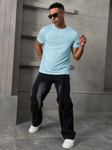 Manfinity Homme 男士休闲字母压花短袖T恤，夏季 - 薄荷綠 - 查看 4