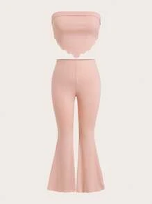 SHEIN EZwear Damen Große Größen 2-teiliges Set - Hellrosa gestricktes Bandeau-Top und weite Hose - Babypink - Übersicht 1