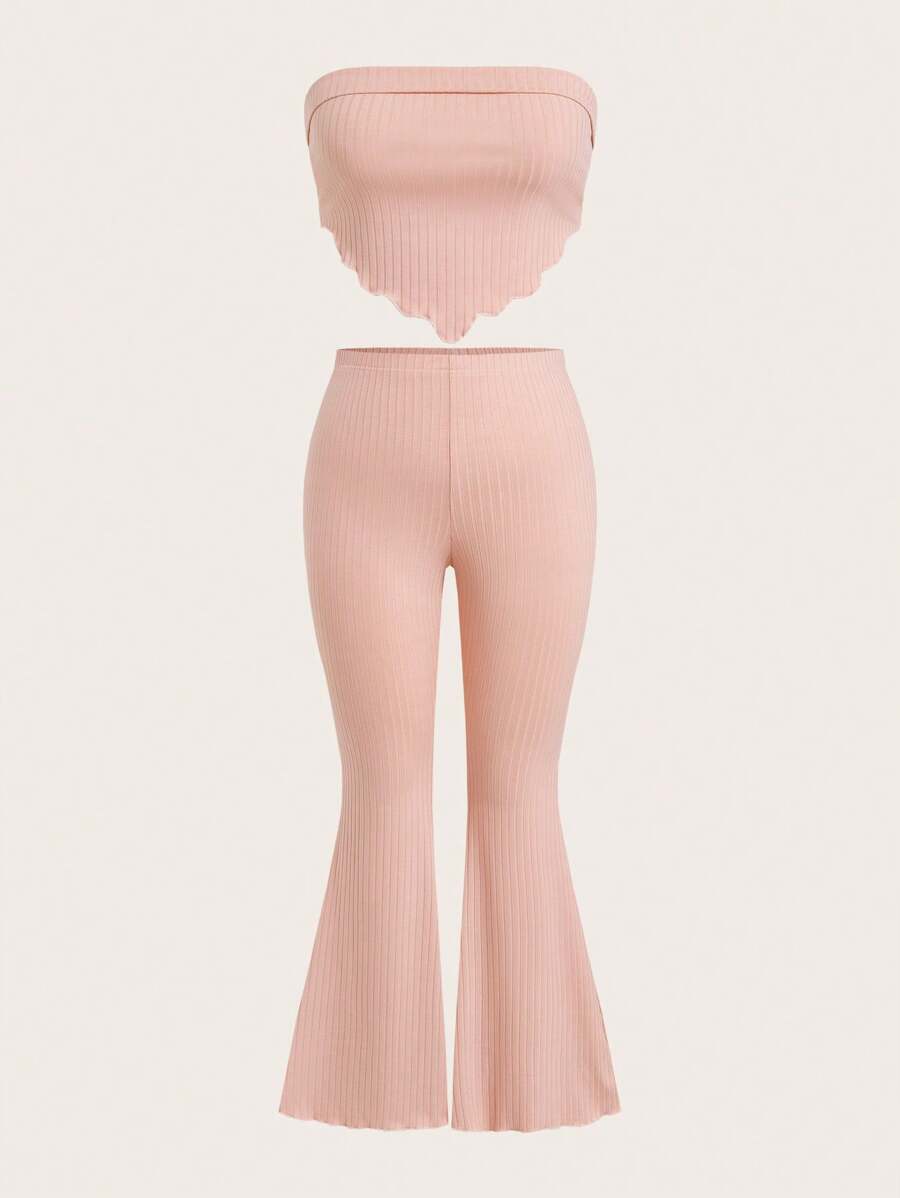 SHEIN EZwear Damen Große Größen 2-teiliges Set - Hellrosa gestricktes Bandeau-Top und weite Hose - Babypink - Übersicht 1