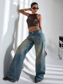 Low Waist Vintage Wash Wide Leg Jeans - Light Wash - View 1