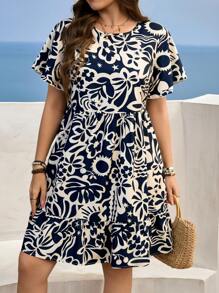 SHEIN LUNE Plus Size Casual All-Over Print Short Sleeve Dress Women Boho/Bohemian Dress  Summer Outfits For Women Vacation Outfits Woman Beach Outfits For Woman