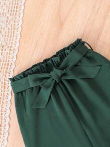 SHEIN Leap Crew 2pcs Young Girl Ditsy Floral Ruffle Collar Top And Wide Leg Pants Set - Green - View 7