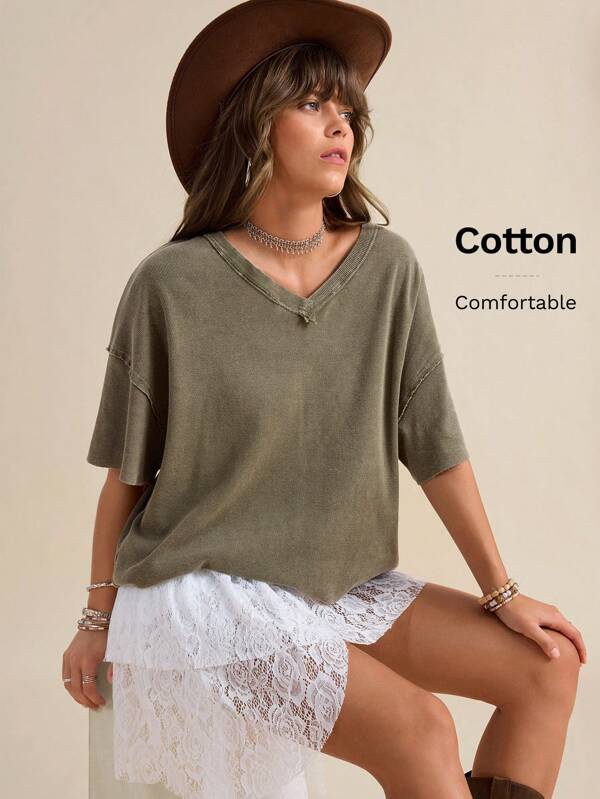 Wildy Boho Cowboy Festival Western Wear Women Summer Tops Women's Washed Green Military Short Sleeve V-Neck Knit T-Shirt