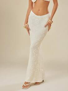 L'Amorae Elegant Vacation 3D Flower V Waist Maxi Skirt - White - View 5