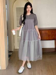 DAZY Women's Color Block Mesh Patchwork Short Sleeve Dress Summer - Grey - View 3