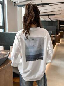 DAZY Slogan Graphic Drop Shoulder Tee Long Sleeve Women Tops - White - View 6