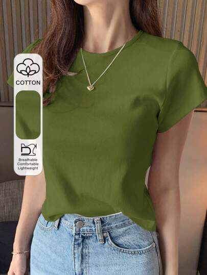 DAZY Camiseta básica de mujer de manga corta con cuello redondo, color blido, para primavera/verano, casual de negocios para Pascua