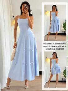 Chiquease 女式法式蝴蝶结吊带中长连衣裙 女式蝴蝶结 A 字形蓝色连衣裙 - 藍色 - 查看 1