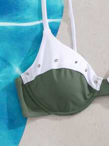 SHEIN Swim 2pcs Soft Padded Underwired Removable Rhinestone Embellished Simple & Elegant Green & White Bikini Swimsuit Set For Vacation For Summer - Green - View 5