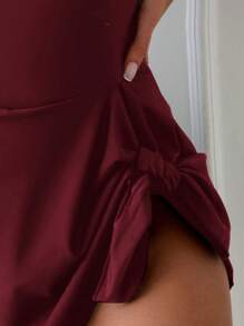 Swim Lushoire 1 件女士连体泳衣，细肩带纯色，时尚，适合夏季 - 酒紅色 - 查看 5