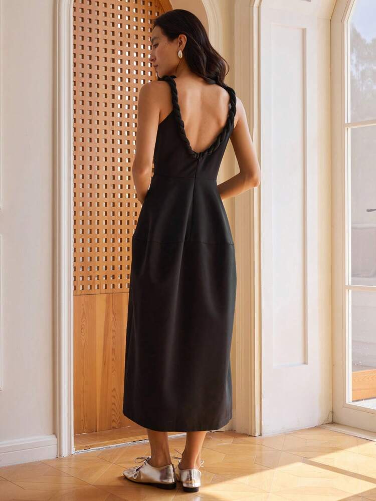 Summer Business Casual Solid Color Sleeveless Dress, Elegant Commuter Dress With Twist Decor And Waist Panel For Women