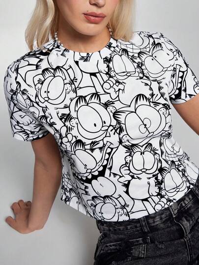 GARFIELD | SHEIN Camiseta de manga corta y corta con estampado de gato casual y linda para mujer, de verano