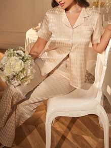 LuxeNights Rhombus Jacquard Patch Pocket Short Sleeve Top & Pants Women Pajamas Set, Spring/Summer - Champagne - View 1
