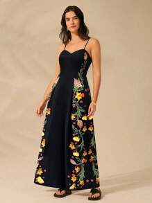 CAJUNI Tuta estiva casual da donna con stampa floreale tropicale bohémien e fantasia, con canottiera nera
