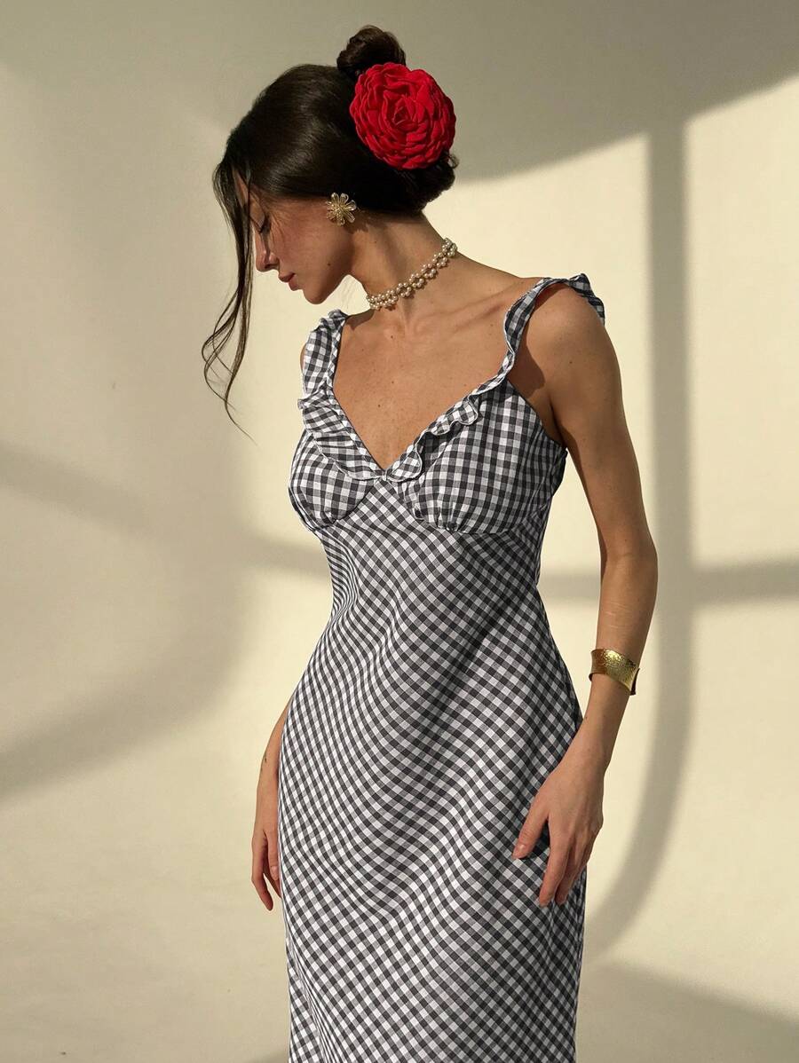 Aloruh 女式休闲格子无袖荷叶边中长连衣裙 - 黑與白 - 查看 1