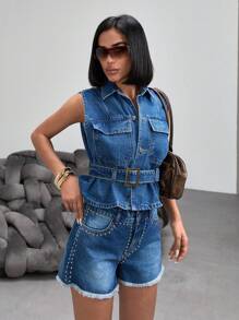 EURMUSE SLEEVELESS DENIM GREY VEST WITH BELT - Dark Wash - View 4