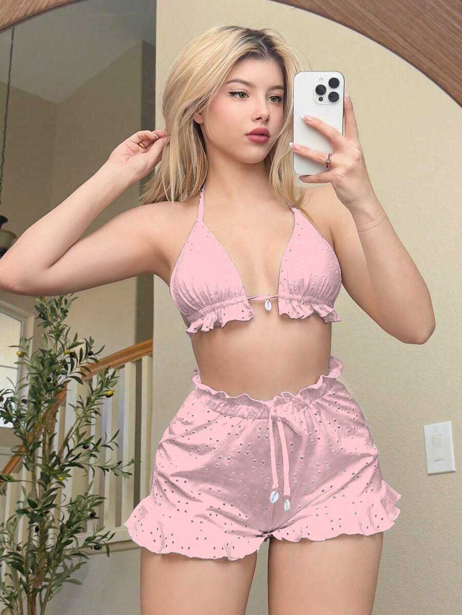 Swim Mod Springbreak 女士海滩甜美白色海洋贝壳装饰节日波西米亚风比基尼上衣泳装