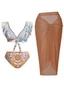Swim Oasis Women's Summer Floral Ruffle Bikini Set With Cover-Up Sarong Skirt - Orange - View 2
