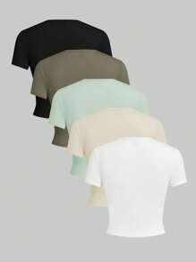 SHEIN EZwear 5件纯色修身短袖基本款T恤 - 綠色 - 查看 2