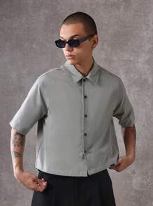 SUMWON Áo sơ mi nylon cỡ lớn Urban Streetwear Logo in phía sau Thiết kế tối giản Thời trang nhẹ nhàng Bộ sưu tập dự án cài nút thường ngày - Xám - Xem 3