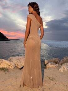 Opulessa Solid Color Knit Asymmetric Collar Fitted Maxi Fish Tail Dress - Gold - View 2