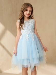 SHEIN Wedding Flower Girl Princess Tulle Dress, Tween Girl Formal Party Gown, Flower Girl Dress, Flower Girl Bridesmaid Dress, Girls Piano Recital Dress - Blue - View 1