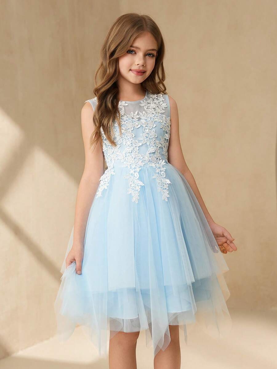 SHEIN Wedding Flower Girl Princess Tulle Dress, Tween Girl Formal Party Gown, Flower Girl Dress, Flower Girl Bridesmaid Dress, Girls Piano Recital Dress - Blue - View 1