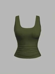 Sweetra Áo ba lỗ xếp ly cổ vuông ngắn mùa hè cỡ lớn cho nữ - Nhiều màu - Xem 4