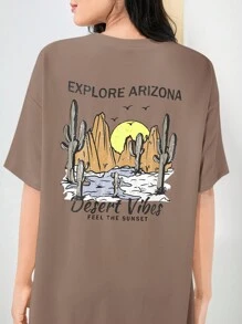 Mulvari 女士字母与仙人掌印花圆领落肩短袖休闲 T 恤连衣裙 - 咖啡 - 查看 5