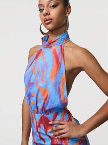 SHEIN Unity Đầm ngắn hở lưng cổ cao in họa tiết - Nhiều màu - Xem 5
