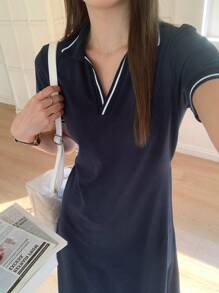 DAZY 女士 V 领休闲条纹中长连衣裙，适合工作夏季太阳裙衬衫裙