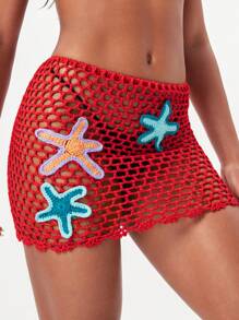 SHEIN Swim Mini-jupe transparente pour femme, rouge, en crochet ajouré, avec motif étoile de mer coloré, inspirée des vacances d'été à la plage - Rouge - Voir 5