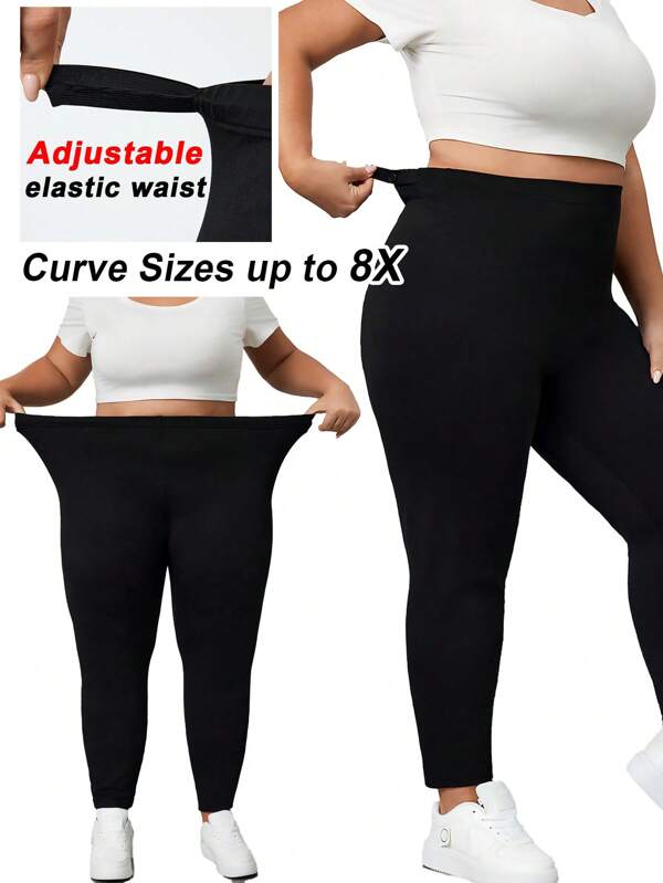 SHEIN CURVE+ سروال ضيق أساسي مريح النساء ذوات الحجم الكبير مع خصر مطاطي قابل للتعديل ،للنساء ذوات القوام المكتنز ، هوهو للرحلات