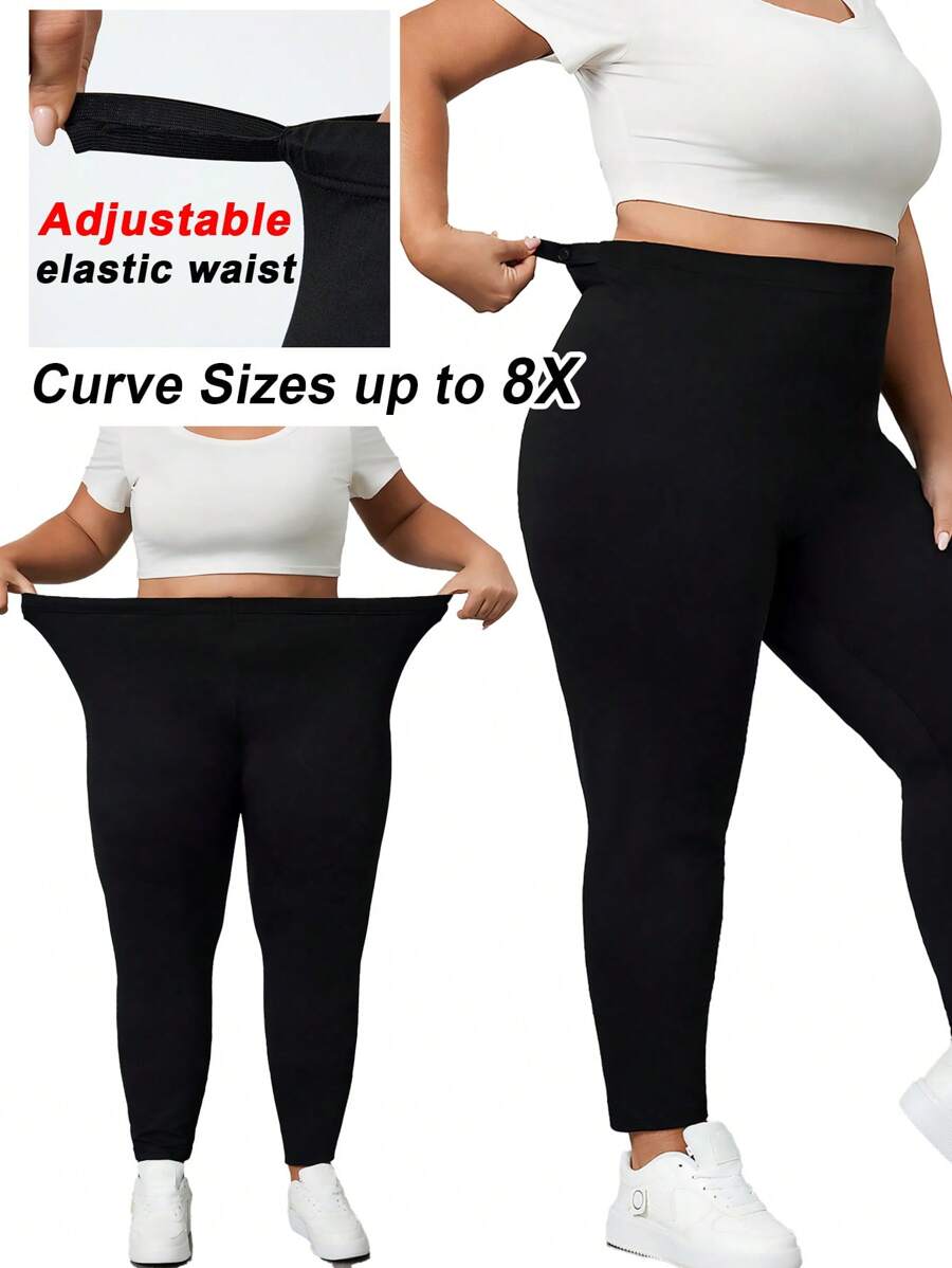 SHEIN CURVE+ 加大码女式基本款紧身裤，可调节松紧腰身，曲线加大，波西米亚度假风