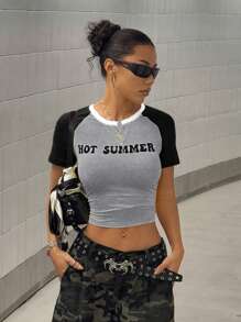 StreetHx Blokecore 复古风格短袖短款上衣，撞色修身女式 T 恤