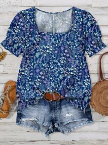 SHEIN VCAY Áo sơ mi cỡ lớn màu xanh dương họa tiết hoa nhí, thích hợp cho mùa hè. - Màu xanh lam - Xem 1