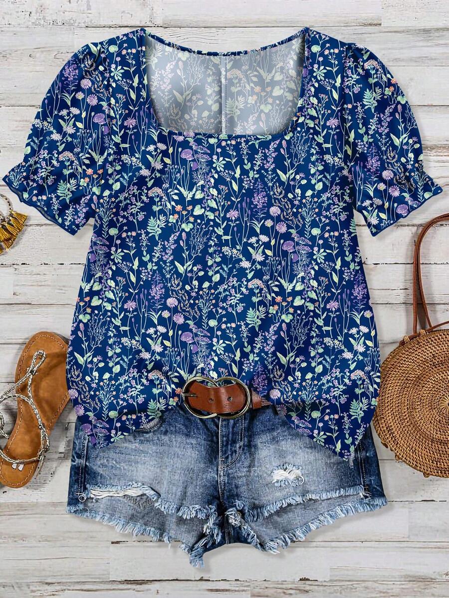 SHEIN VCAY Áo sơ mi cỡ lớn màu xanh dương họa tiết hoa nhí, thích hợp cho mùa hè. - Màu xanh lam - Xem 1