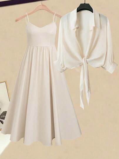 Franclia 大码春夏两件组合度假优雅长裙雪纺吊带V领荷叶边春装夏季女装套装太阳裙波西米亚礼服女装婚礼女装复活节女装浪漫连衣裙毕业礼服搭配户外上衣衬衫领灯笼袖雪纺领蝴蝶结