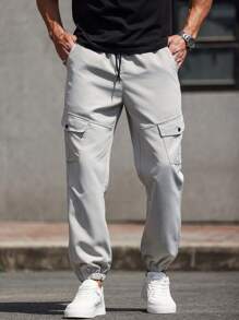 Manfinity Homme Men's Solid Color Drawstring Waist Casual Versatile Cargo Pants, 7/8 Length - Grey - View 6