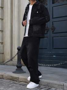 GALLERY FADE Men's Long Sleeve Single Breasted Distressed Denim Jacket And Denim Black Jeans Suit Hang Out Going Out Commute Work Urban, Fall Clothes