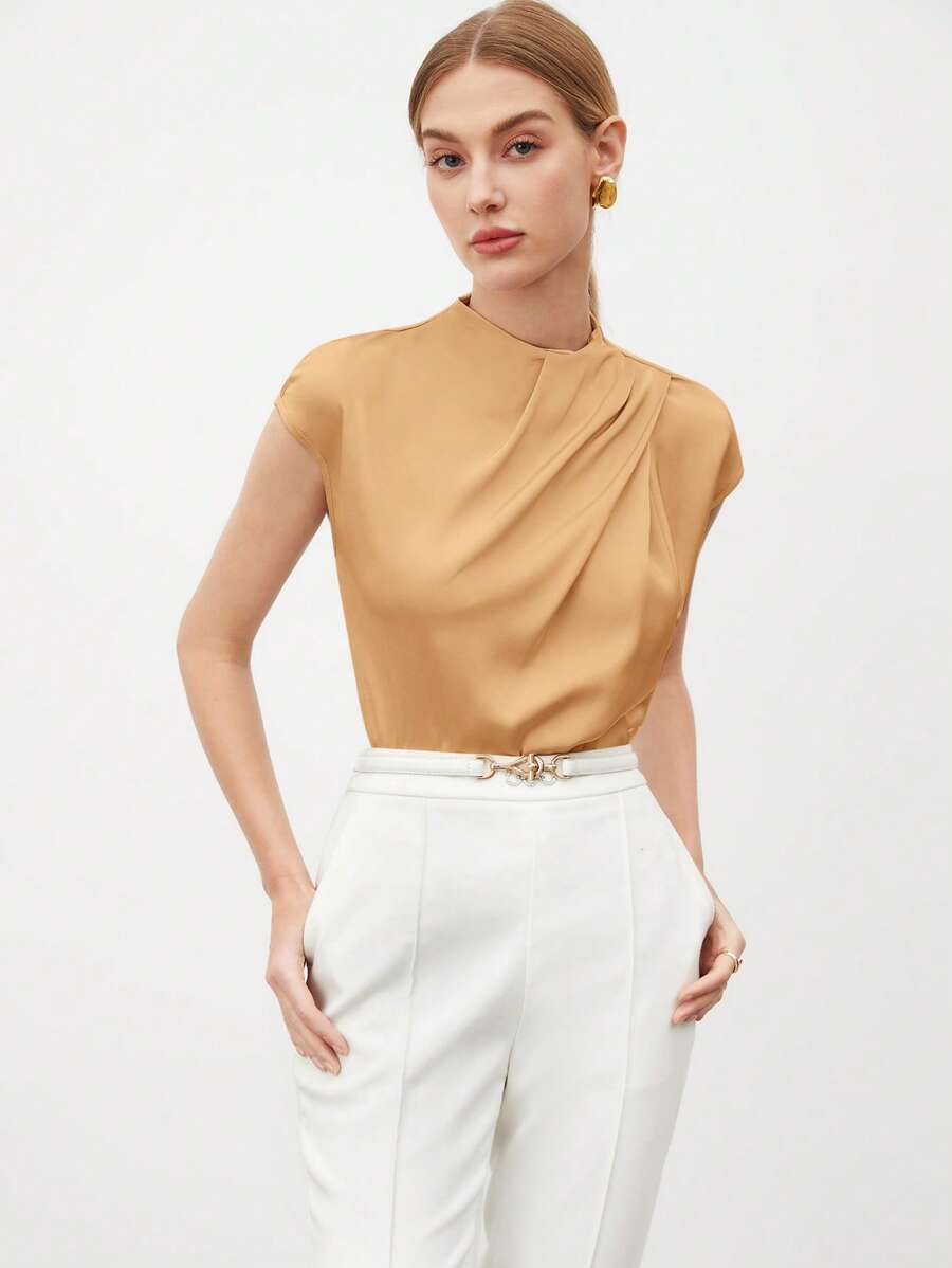 BizChic 2025 年夏季新款女士圆领肩部褶皱袖上衣，休闲商务优雅沙滩装，适合婚礼宾客、乡村音乐节、早午餐、机场、170 年代斯德哥尔摩风格美国独立日