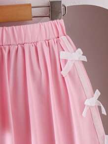 Young Girl' Black Comfortable Round Neck Bow Decor Printed Short Sleeve Top And Elastic Waist Short Skirt 2 Pieces Set - Pink - View 6