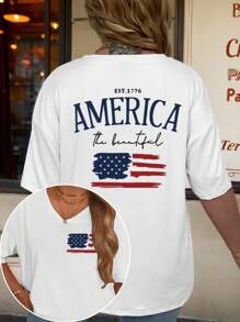 SHEIN LUNE Women Summer Short Sleeve Casual T-Shirt With Letter And American Flag Print - White - View 1